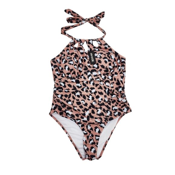 Leopard Print Halter Neck One-Piece Swimsuit Ruched Design Women  Aimage Size XL - Picture 1 of 6